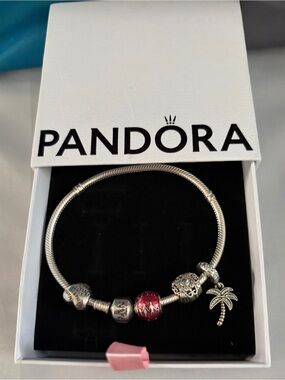 Pandora  Sterling Silver Charm Bracelet with Pink Glass Bead and Palm Tree Charm